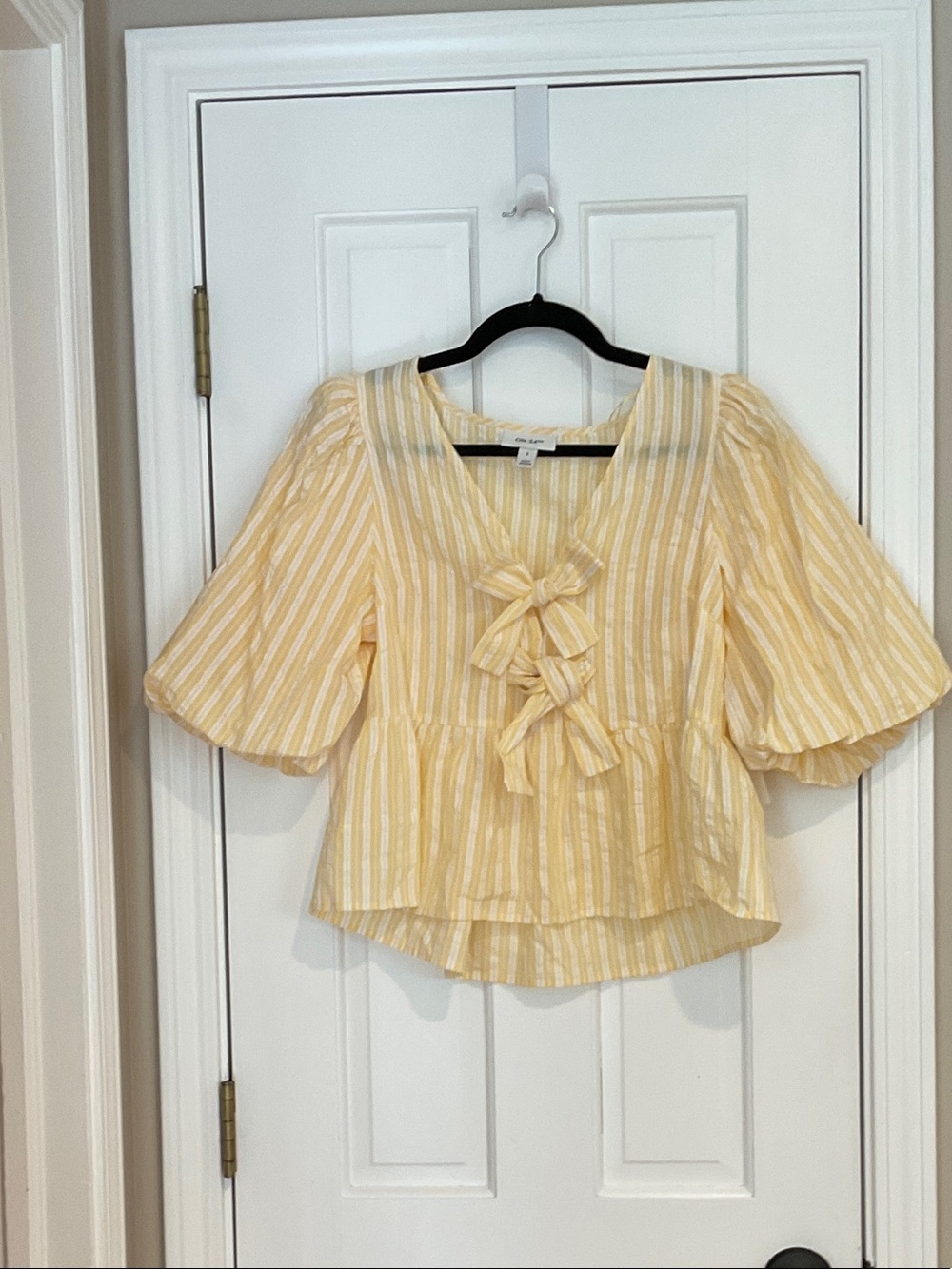 Striped Yellow Bow-Front Peplum Blouse